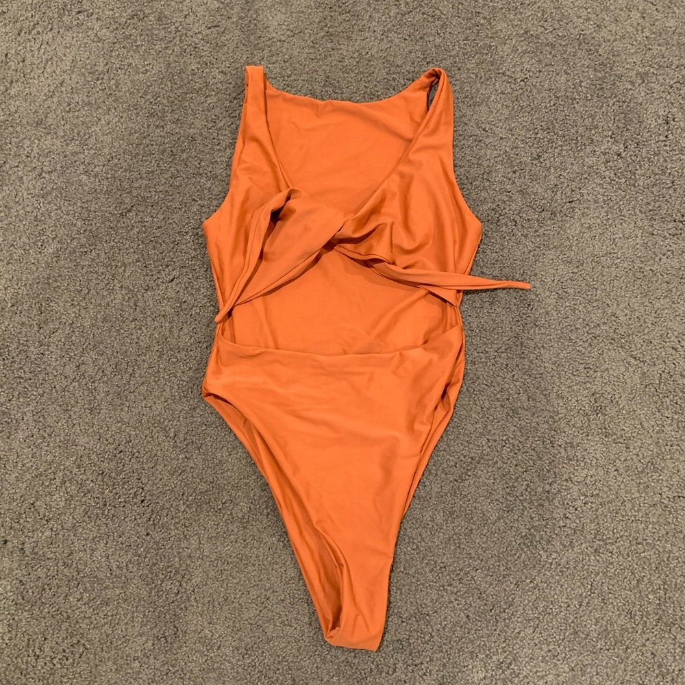 Orange High Waisted Cut Out Front Tie one piece Swimsuit